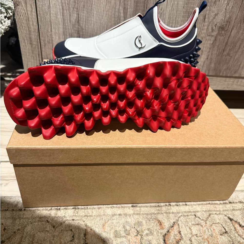 Christian Louboutin Navy and White Sneakers with Red Soles